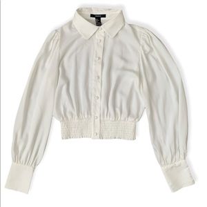 F21 White Puffed Sleeve Cropped Shirt